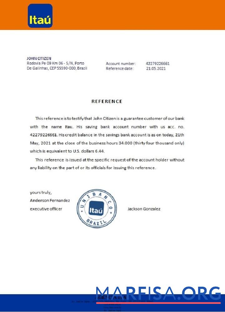 Printable Brazil Itau reference real example